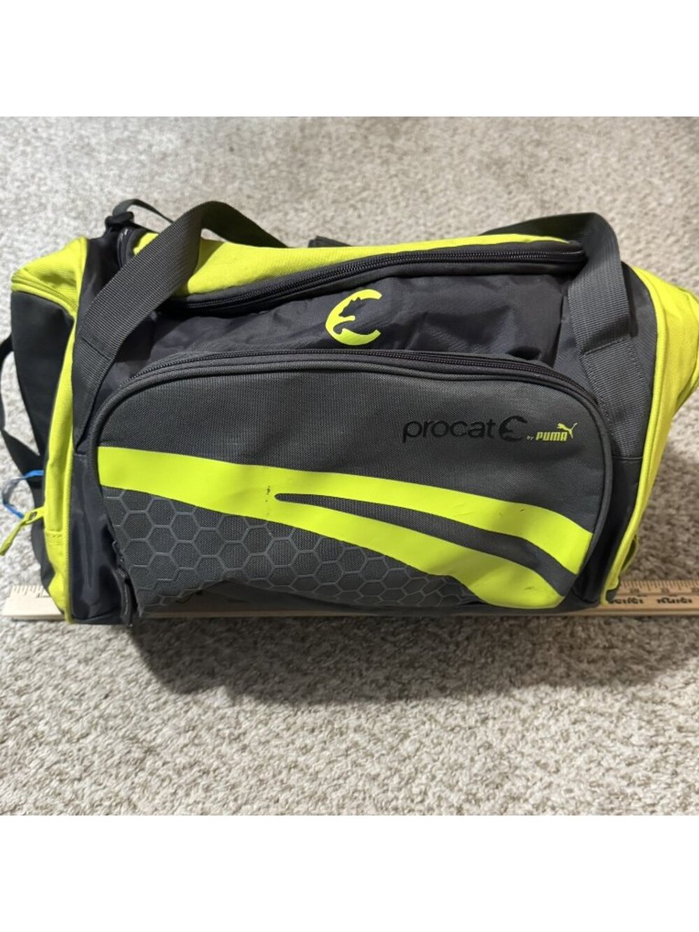 PUMA Procat Duffel Bag Neon Yellow Gray Gym Travel Sports Shoulder Strap